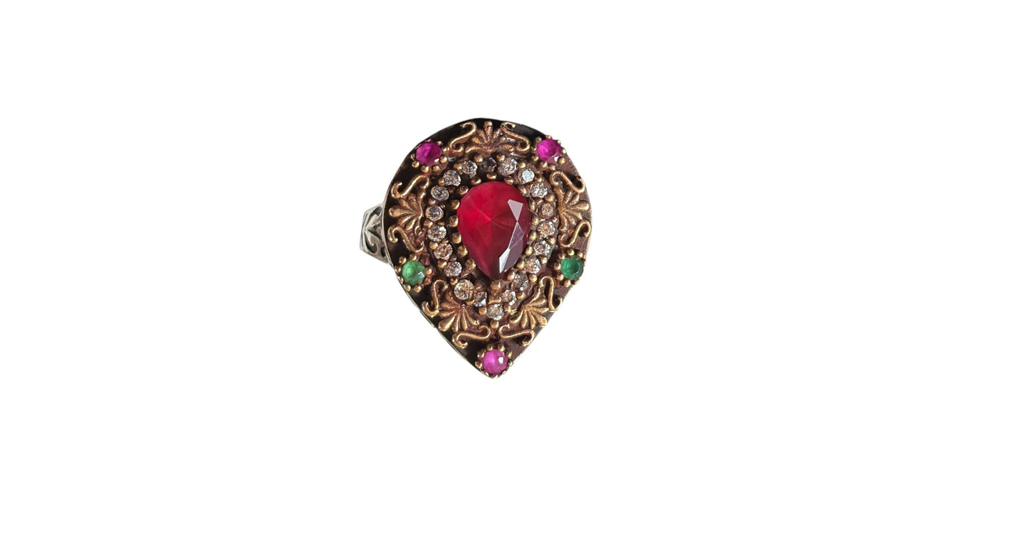 #144 Vintage Simulated Ruby, Emerald and Diamond Ring - 925 Sterling Silver Size 7