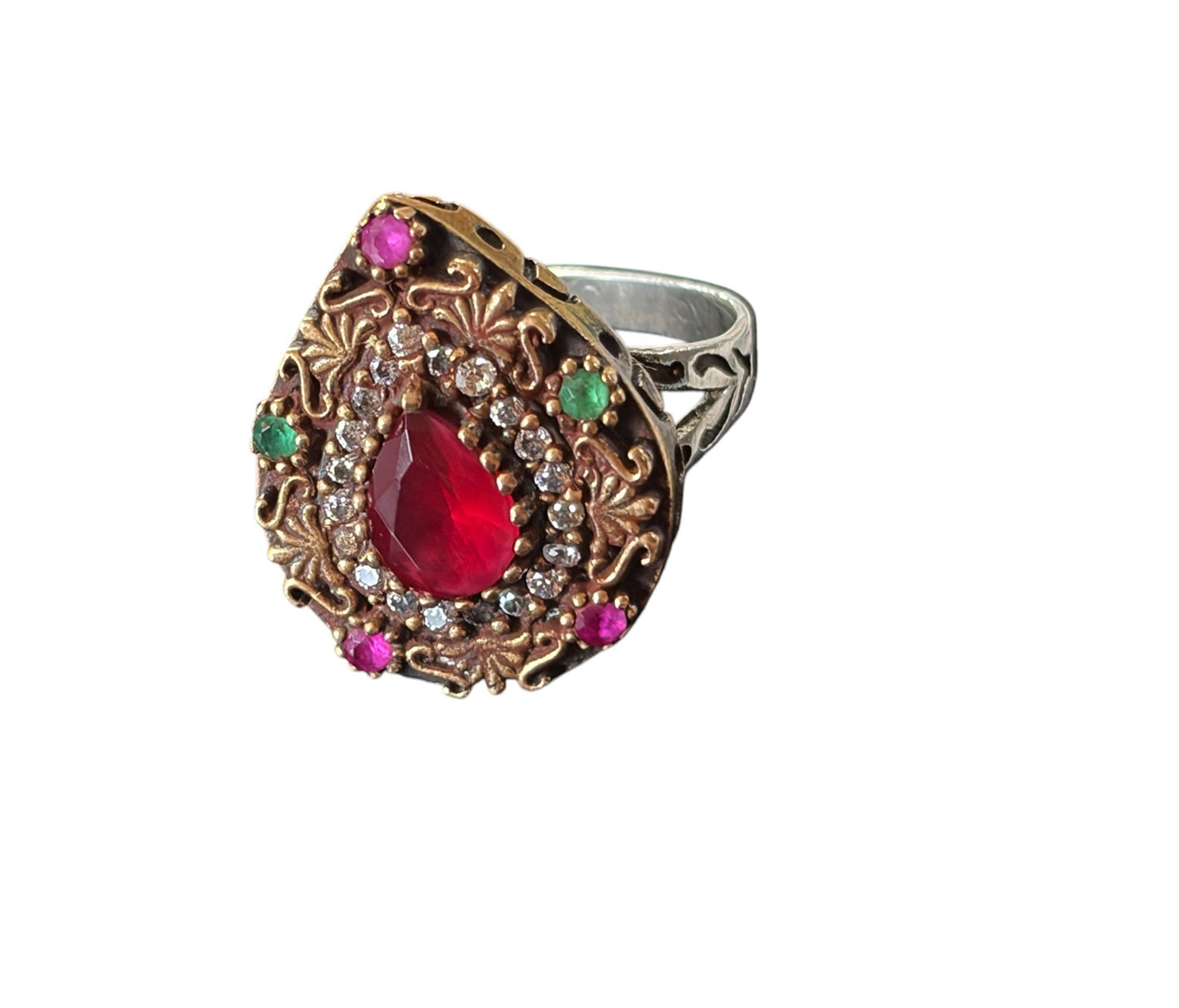 #144 Vintage Simulated Ruby, Emerald and Diamond Ring - 925 Sterling Silver Size 7