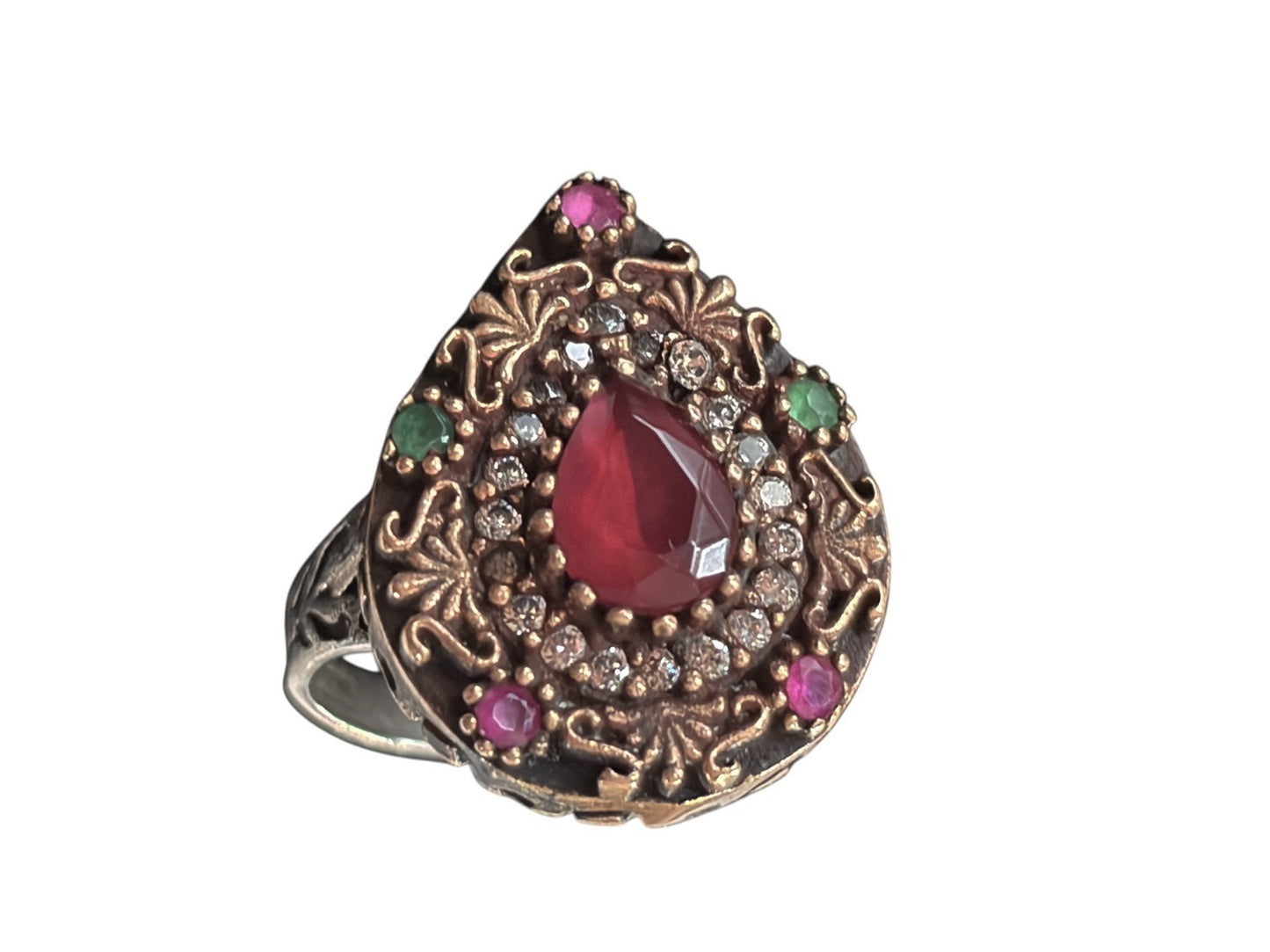 #144 Vintage Simulated Ruby, Emerald and Diamond Ring - 925 Sterling Silver Size 7