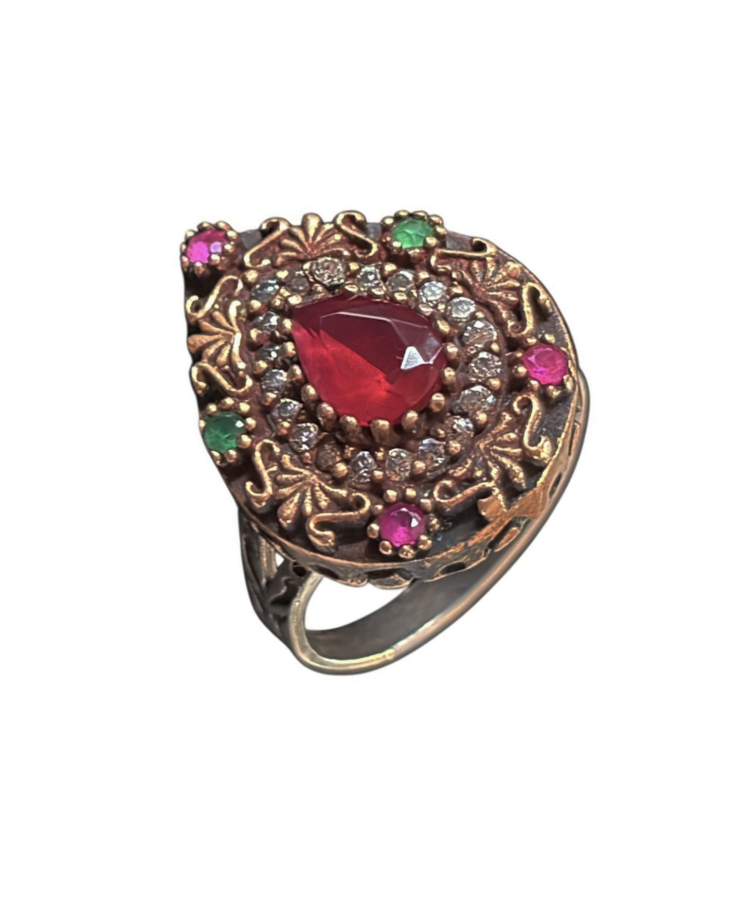 #144 Vintage Simulated Ruby, Emerald and Diamond Ring - 925 Sterling Silver Size 7