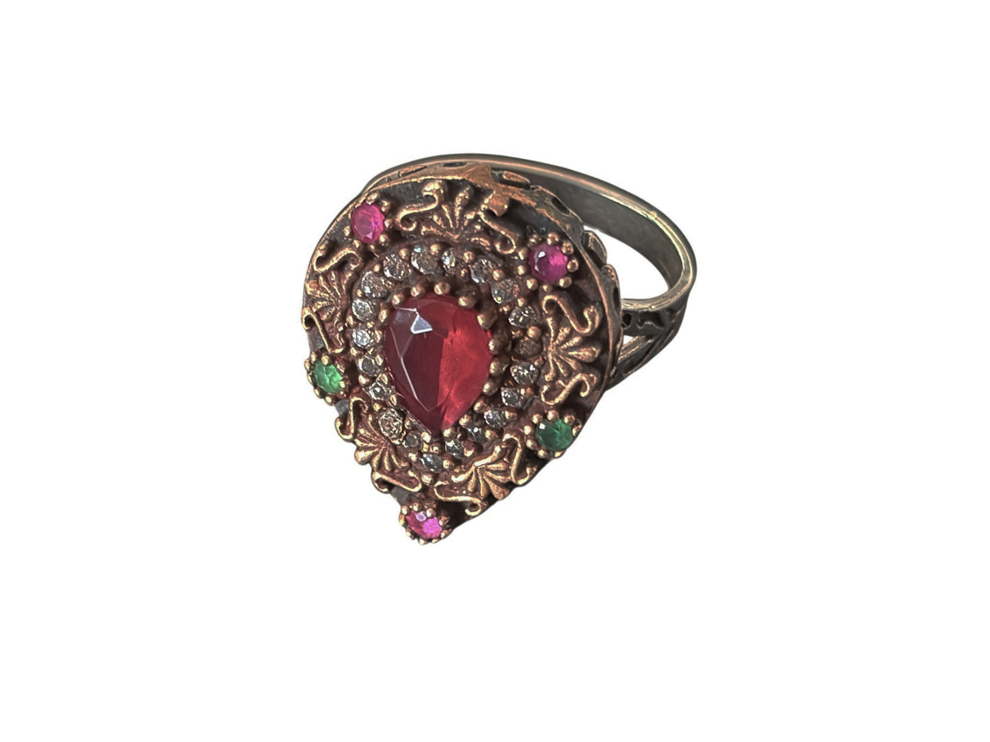 #144 Vintage Simulated Ruby, Emerald and Diamond Ring - 925 Sterling Silver Size 7