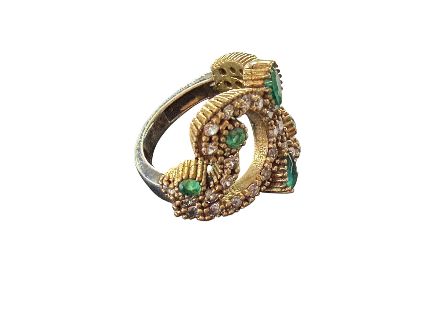 #145 Vintage sterling Silver Ring W/Simulated Emerald and Diamond Size 4