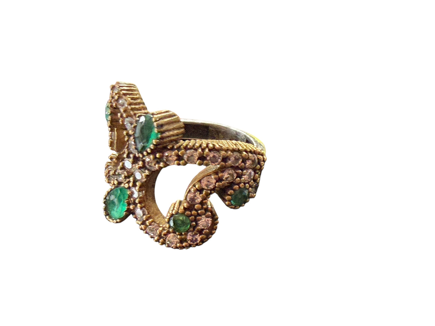 #145 Vintage sterling Silver Ring W/Simulated Emerald and Diamond Size 4
