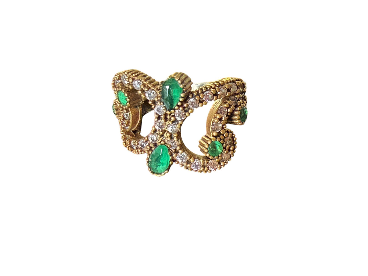 #145 Vintage sterling Silver Ring W/Simulated Emerald and Diamond Size 4