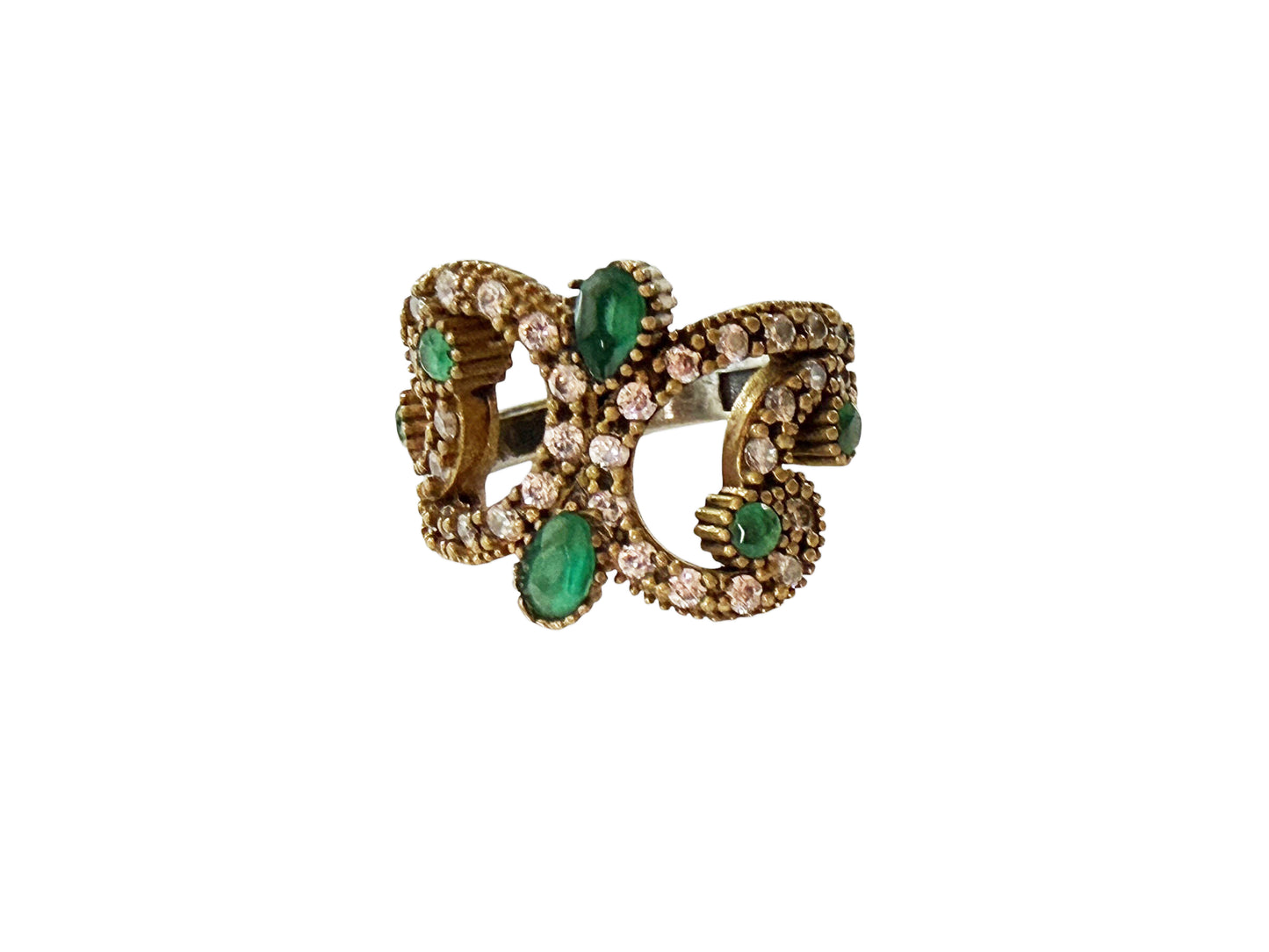 #145 Vintage sterling Silver Ring W/Simulated Emerald and Diamond Size 4