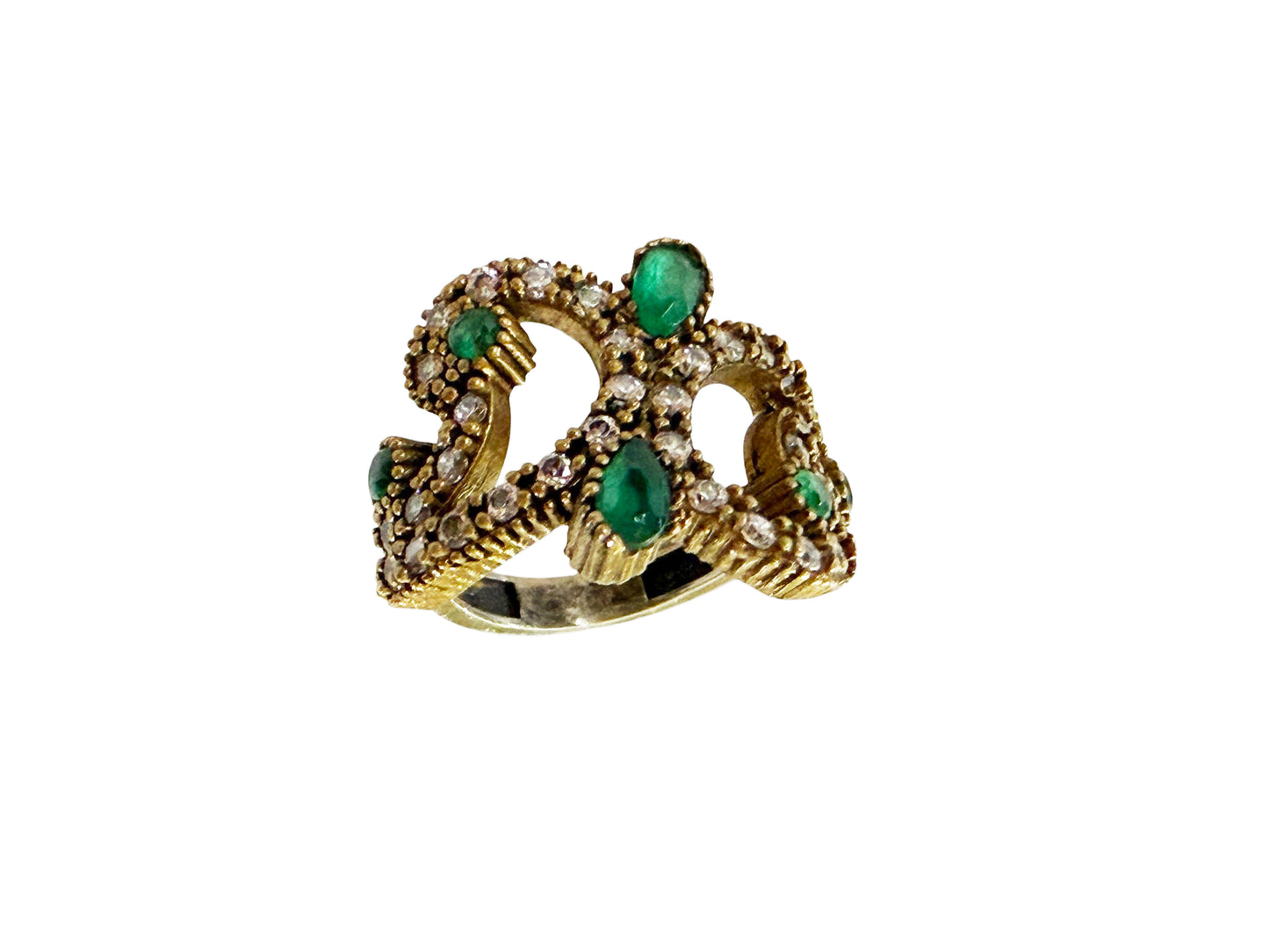 #145 Vintage sterling Silver Ring W/Simulated Emerald and Diamond Size 4
