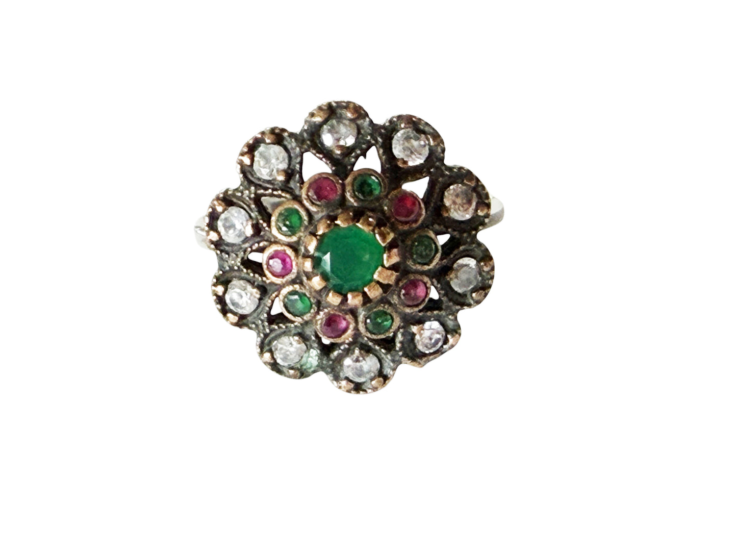 #146 Vintage natural Ruby, Emerald& Diamond Ring  Sterling Silver Size 8