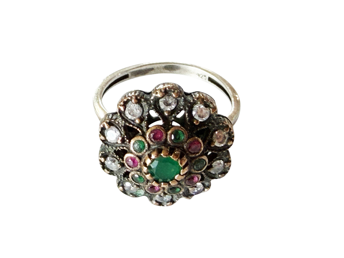 #146 Vintage natural Ruby, Emerald& Diamond Ring  Sterling Silver Size 8