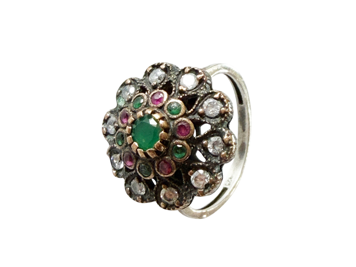 #146 Vintage natural Ruby, Emerald& Diamond Ring  Sterling Silver Size 8