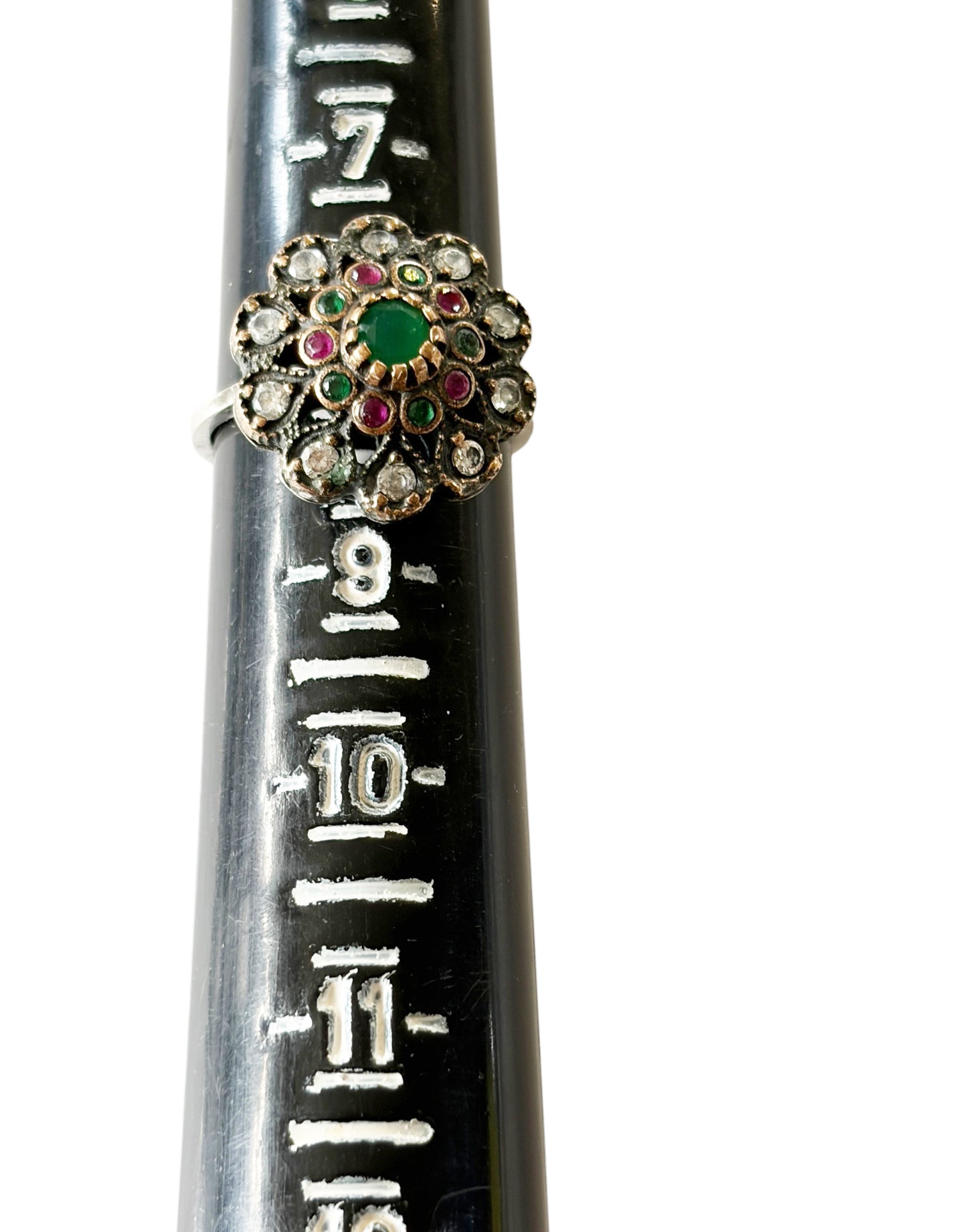 #146 Vintage natural Ruby, Emerald& Diamond Ring  Sterling Silver Size 8