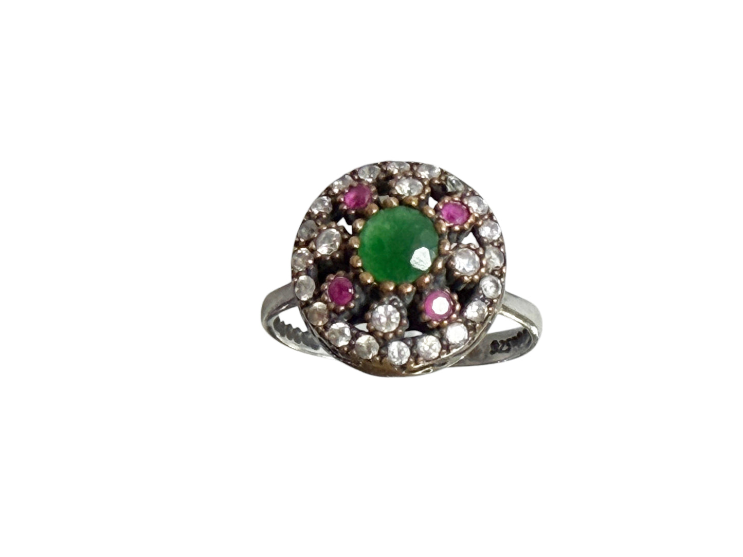#147 Vintage Natural Ruby, Emerald & Diamond Ring  Sterling Silver Size 7