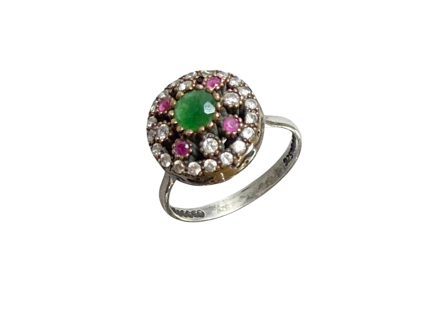 #147 Vintage Natural Ruby, Emerald & Diamond Ring  Sterling Silver Size 7