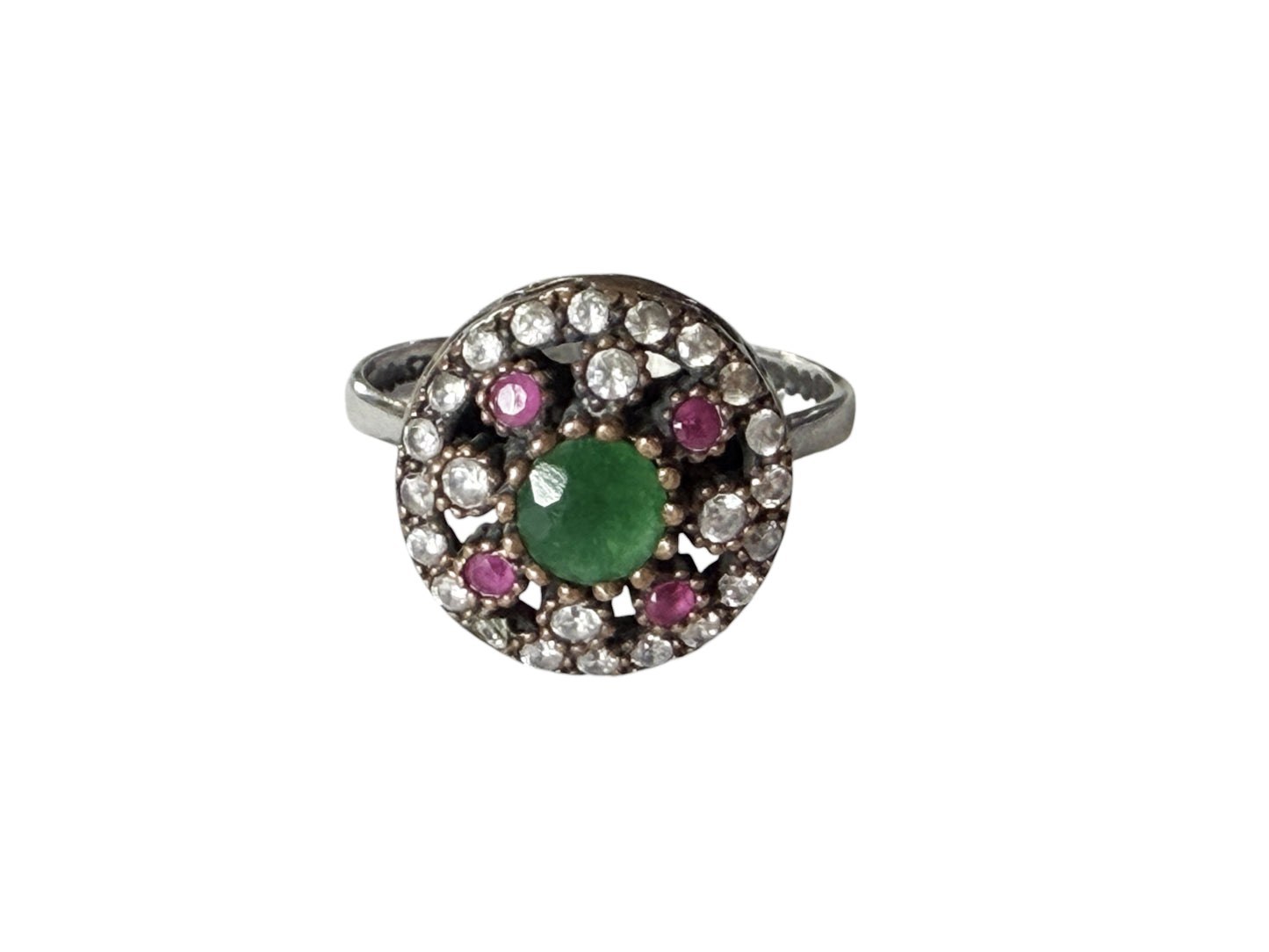 #147 Vintage Natural Ruby, Emerald & Diamond Ring  Sterling Silver Size 7