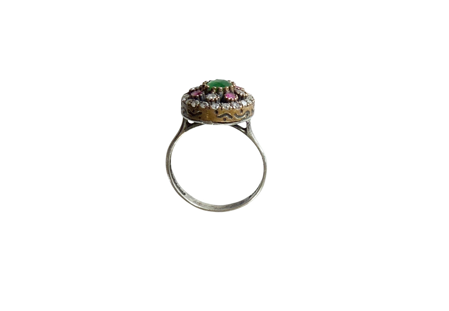 #147 Vintage Natural Ruby, Emerald & Diamond Ring  Sterling Silver Size 7