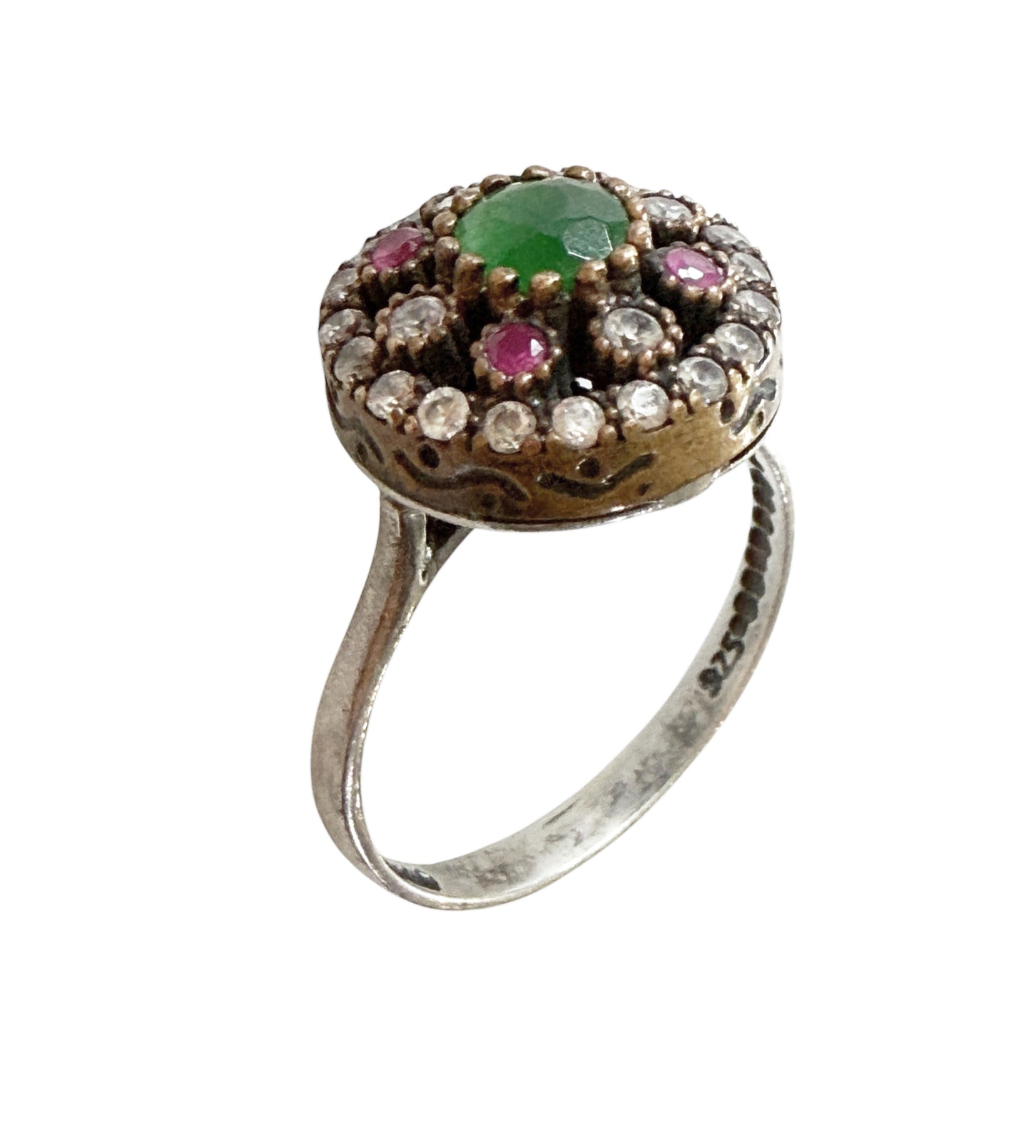 #147 Vintage Natural Ruby, Emerald & Diamond Ring  Sterling Silver Size 7