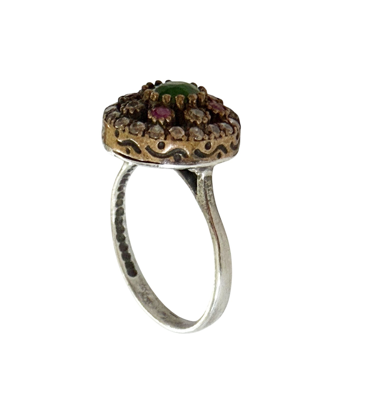 #147 Vintage Natural Ruby, Emerald & Diamond Ring  Sterling Silver Size 7