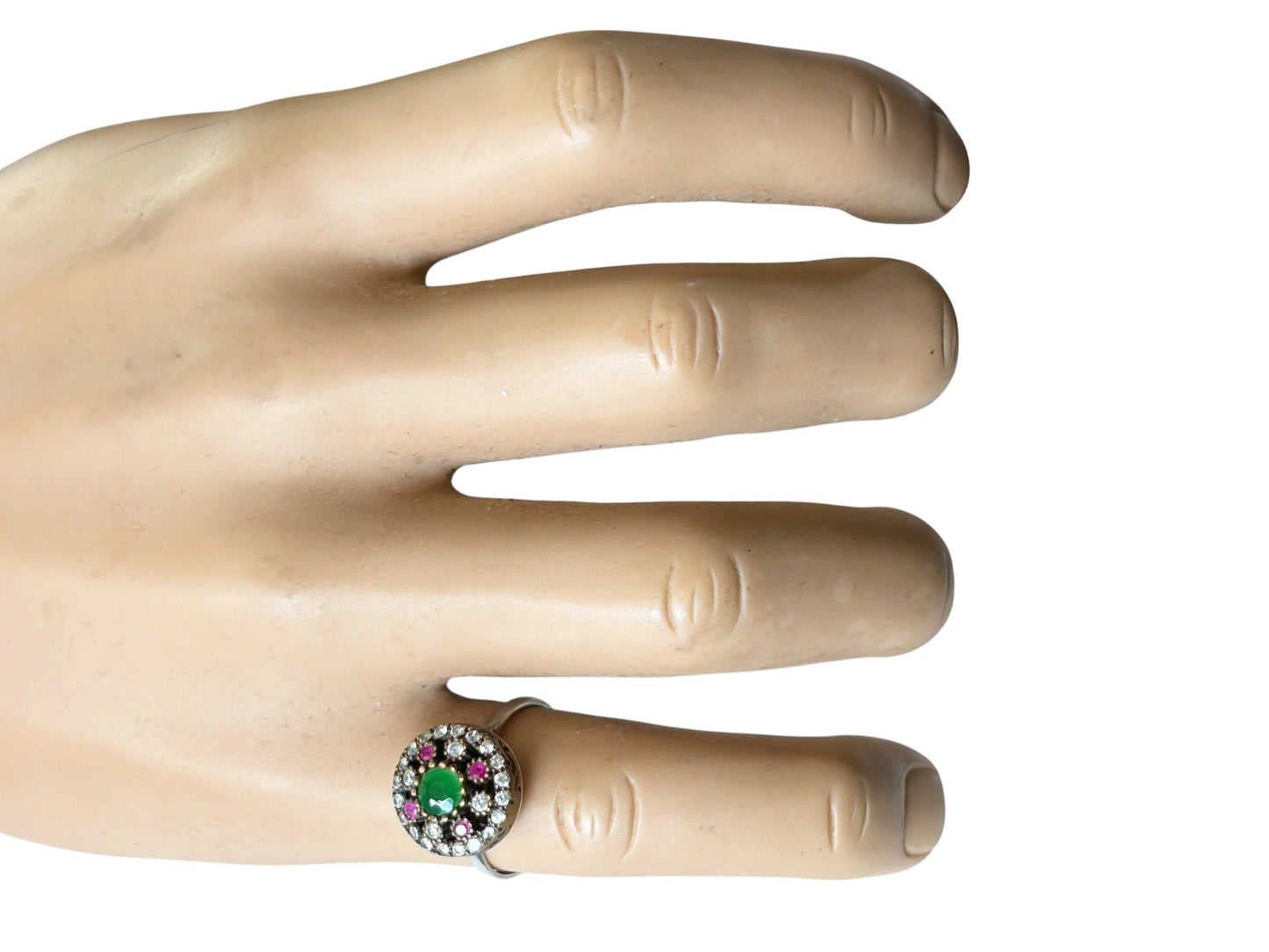 #147 Vintage Natural Ruby, Emerald & Diamond Ring  Sterling Silver Size 7