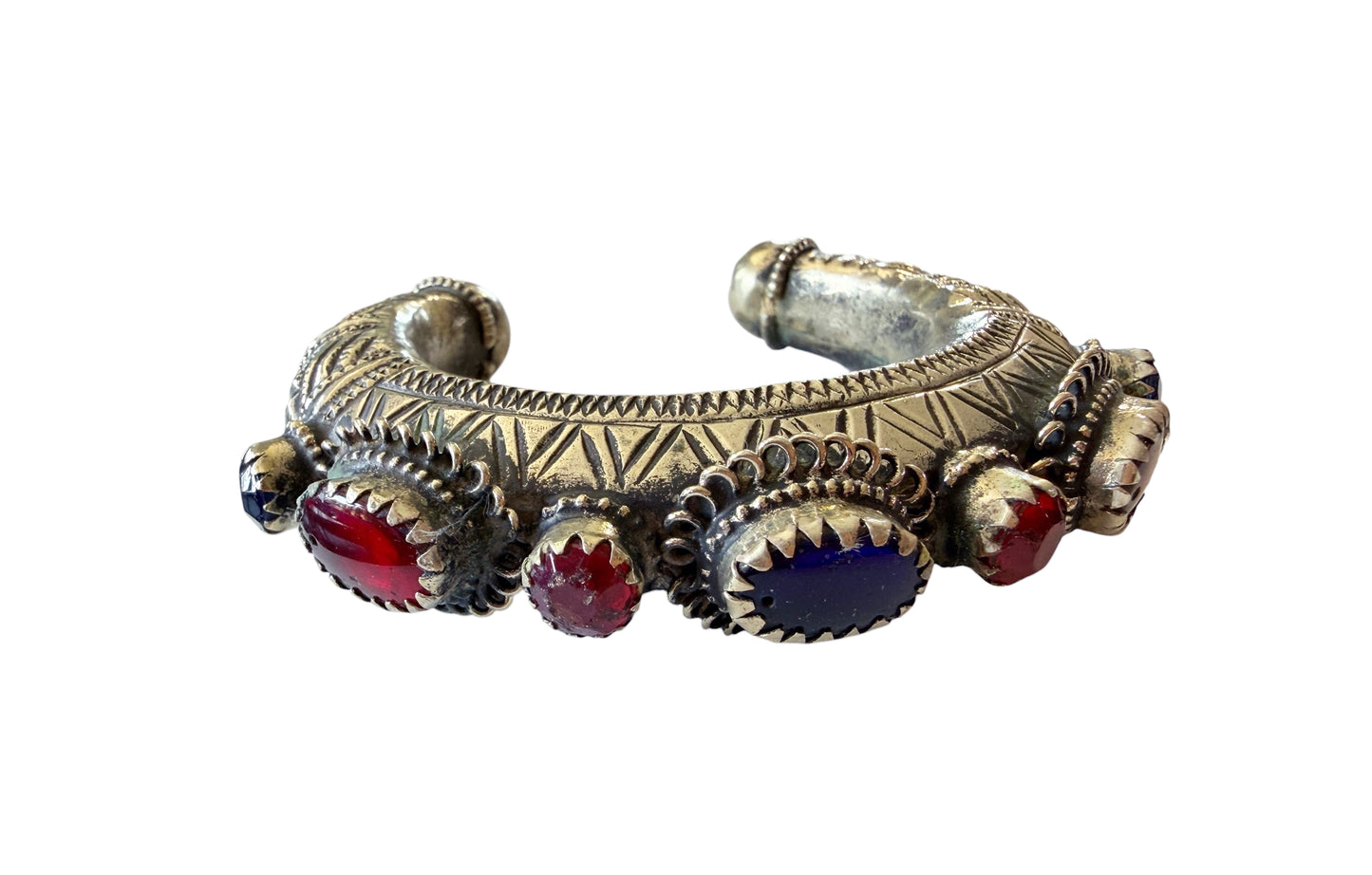 #150 Vintage East Afghan Tribal  Kuchi Bracelet Red And Blue Glass