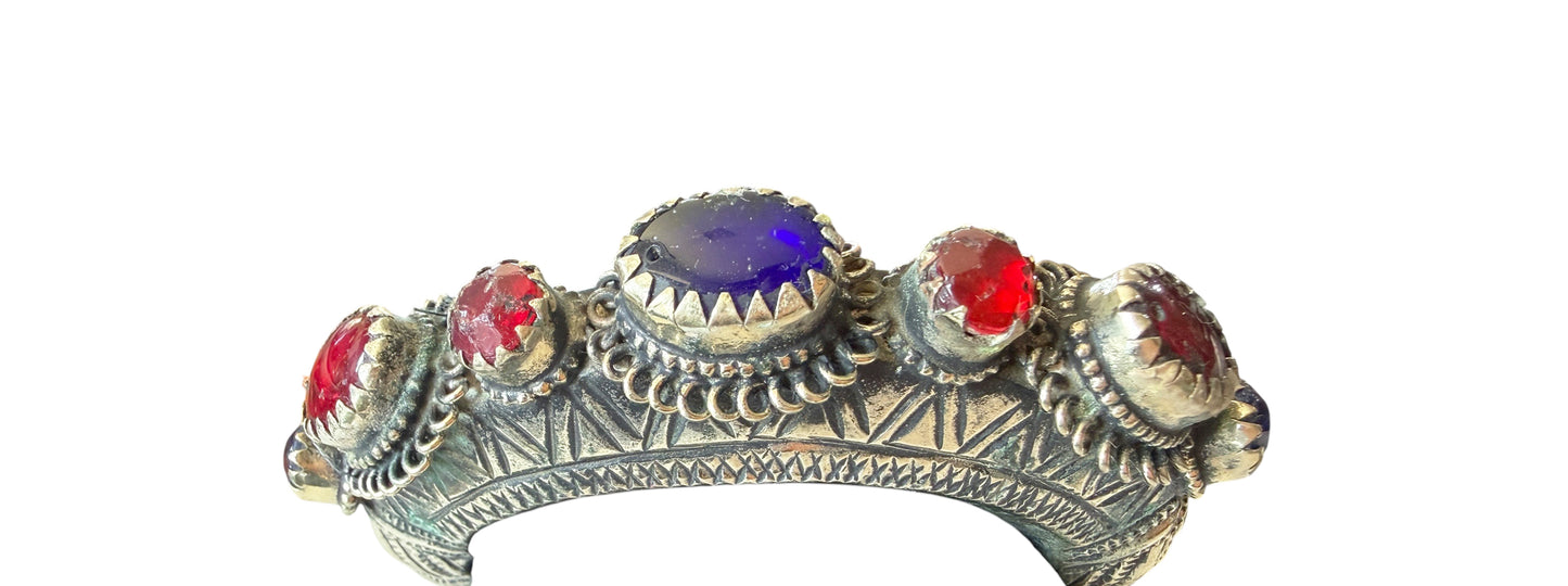 #150 Vintage East Afghan Tribal  Kuchi Bracelet Red And Blue Glass