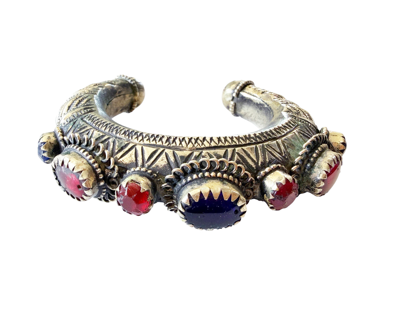 #150 Vintage East Afghan Tribal  Kuchi Bracelet Red And Blue Glass