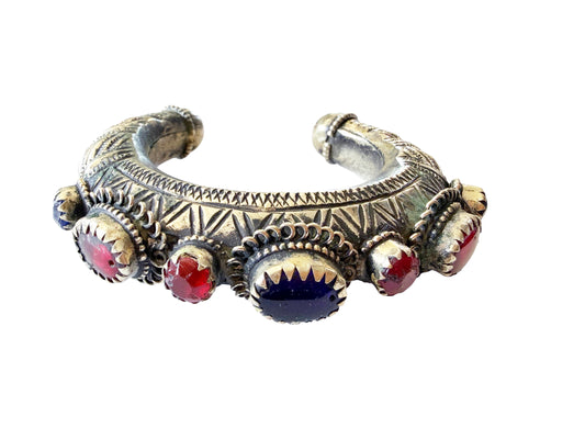 #150 Vintage East Afghan Tribal  Kuchi Bracelet Red And Blue Glass