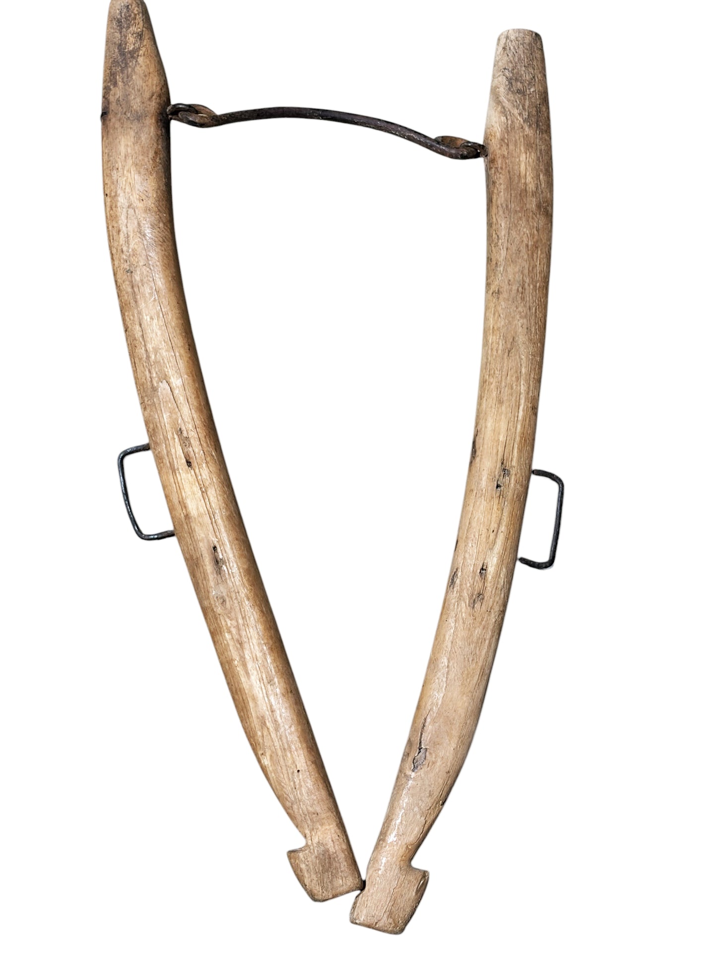 #L Antique Double Horse Collar Harness, Wood, Iron, Brass Yoke, Primitive, Wall Hanging, 1900s