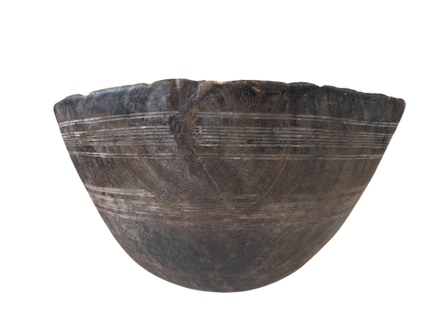 #5801 Vintage  African Hausa Engraved Wooden Bowl From Niger 11.5" Diameter