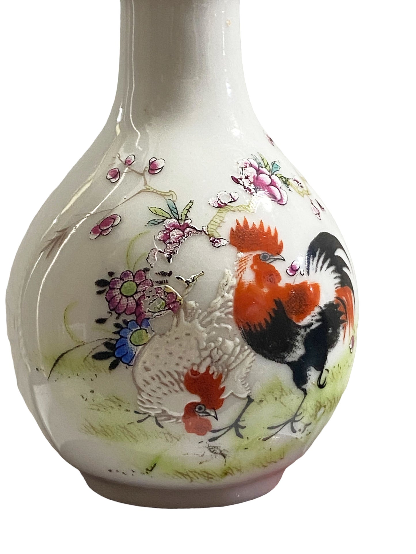 #4071 Vtg Chinoiserie  Famille Rose Roosters Snuff Bottle 4." H W/Stand