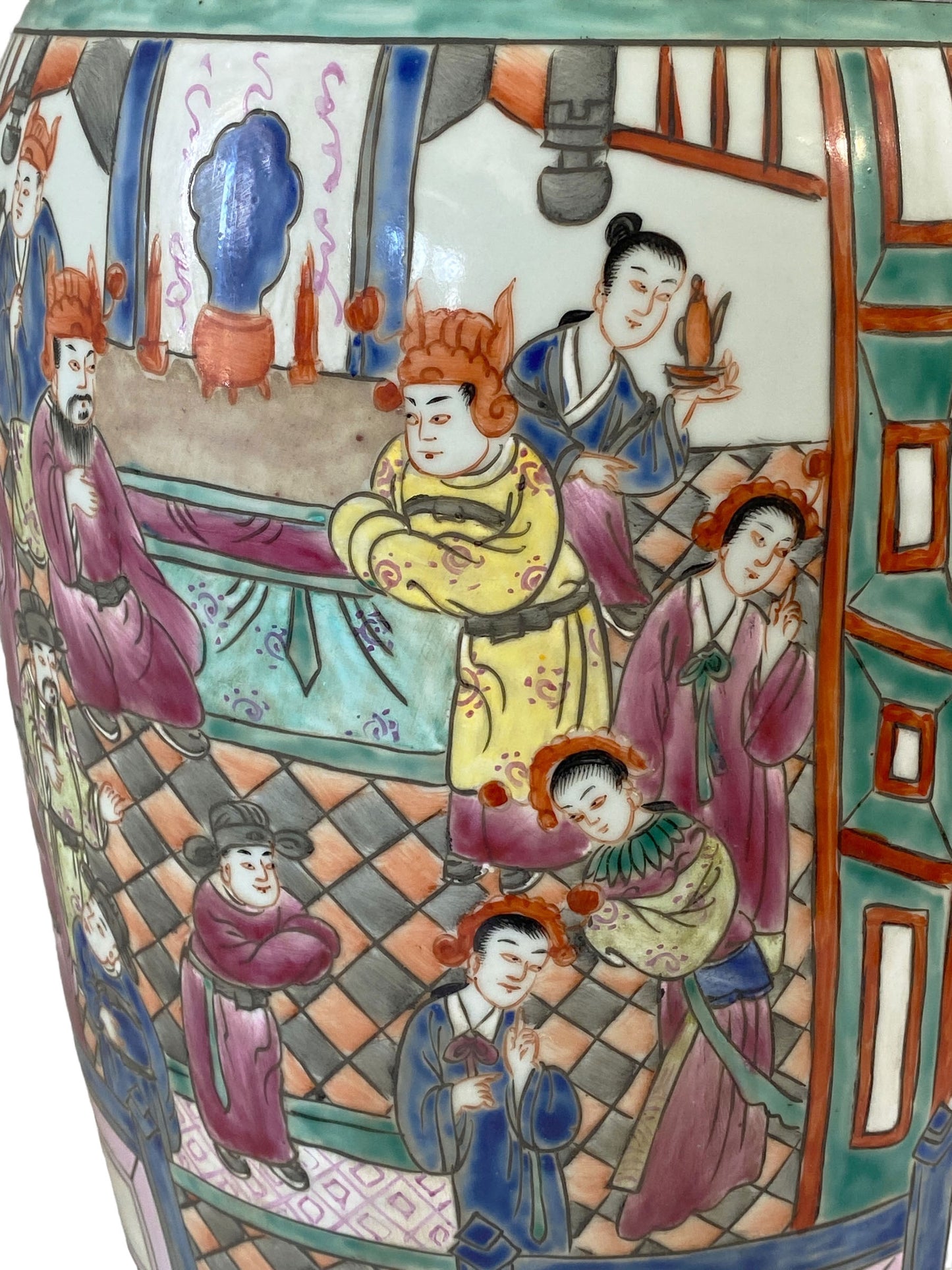 # 262 Superb Chinoiserie Famille Rose Enamel Vase W/Figures 24" H