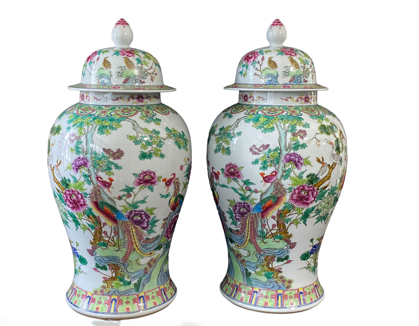 #3201 LG Chinoiserie  Famille Rose Porcelain Ginger Jars Pair 24" H
