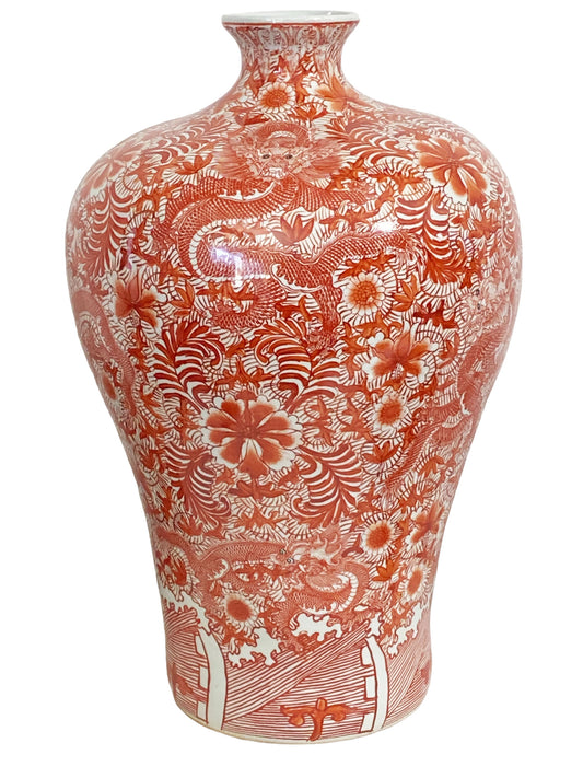 #5714  Coral and White Chinoiserie Dragons Vase 21.5" h