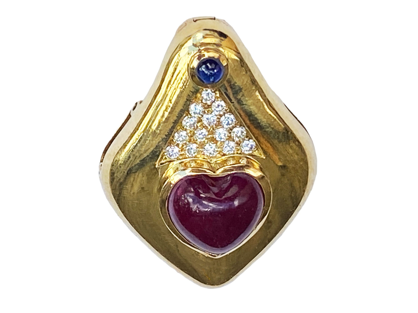 #3970 18K Heart Cut Cabochon Ruby and Diamond Enhancer Pendant