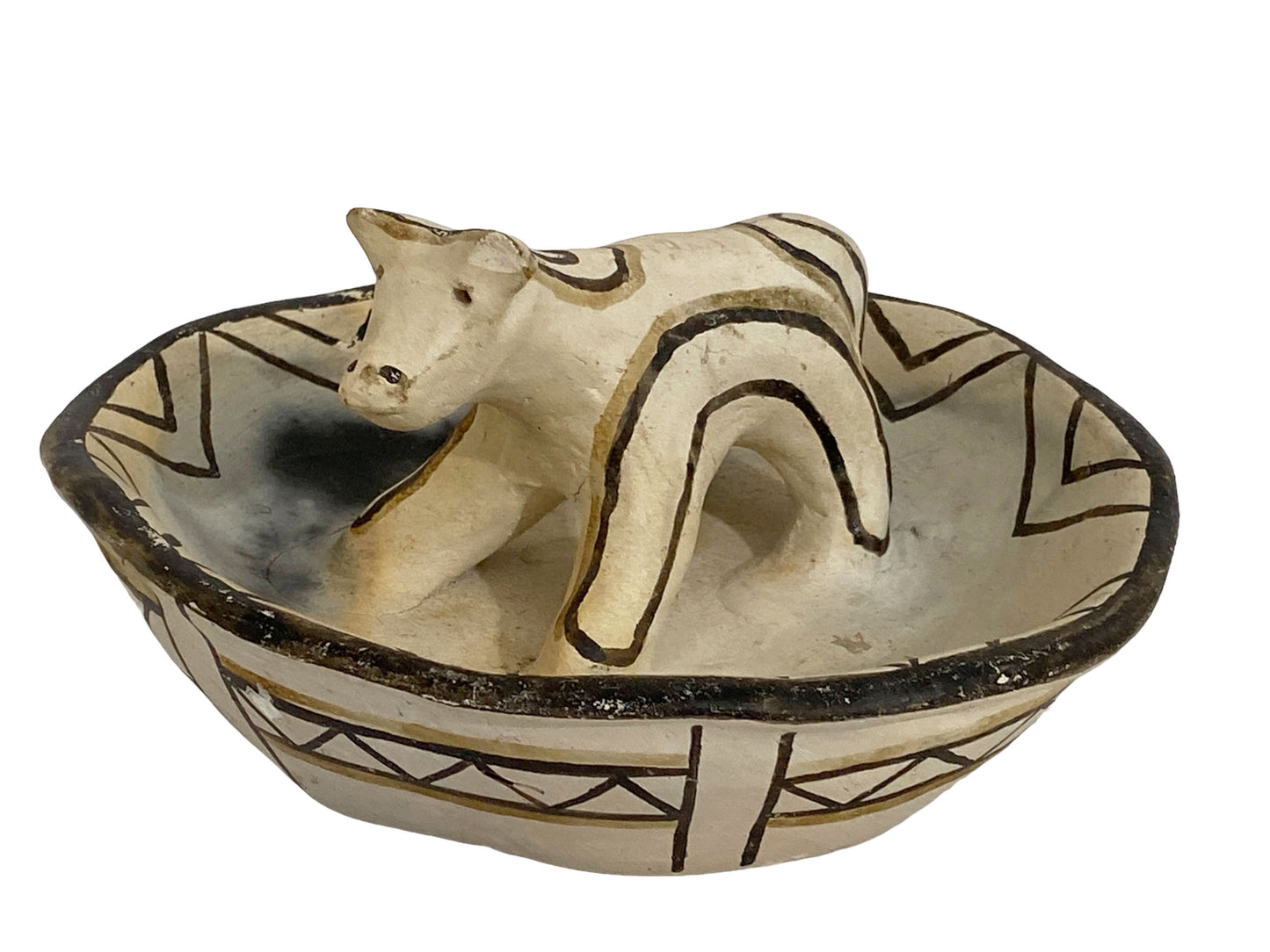 #5516 Indigenous  Shaman Karaja Clay  Vessel / Bowl W/ a Dog Sculpture Brasil