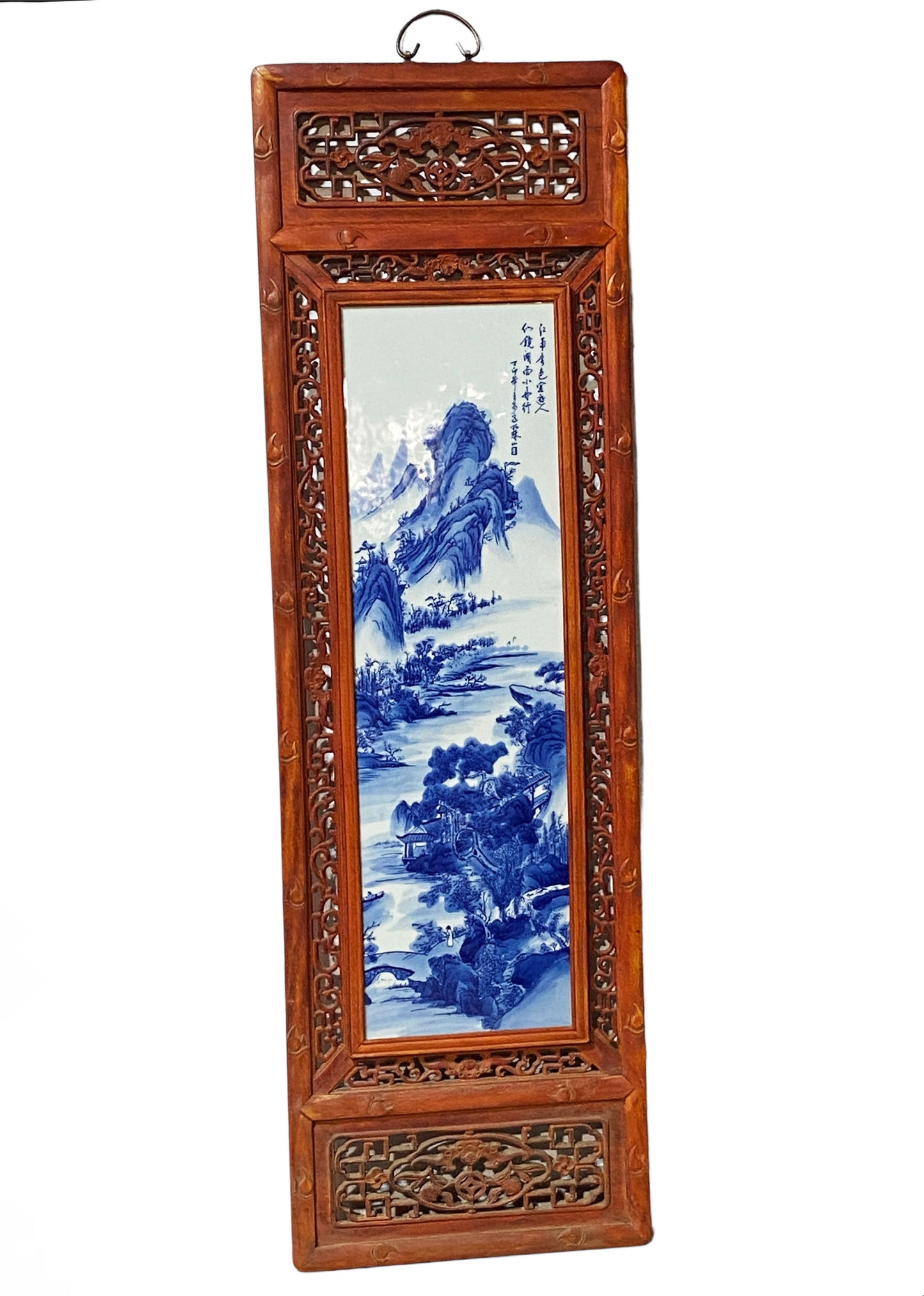 #5538  Superb LG Chinese  Blue and White Porcelain Wood Panel 49" H