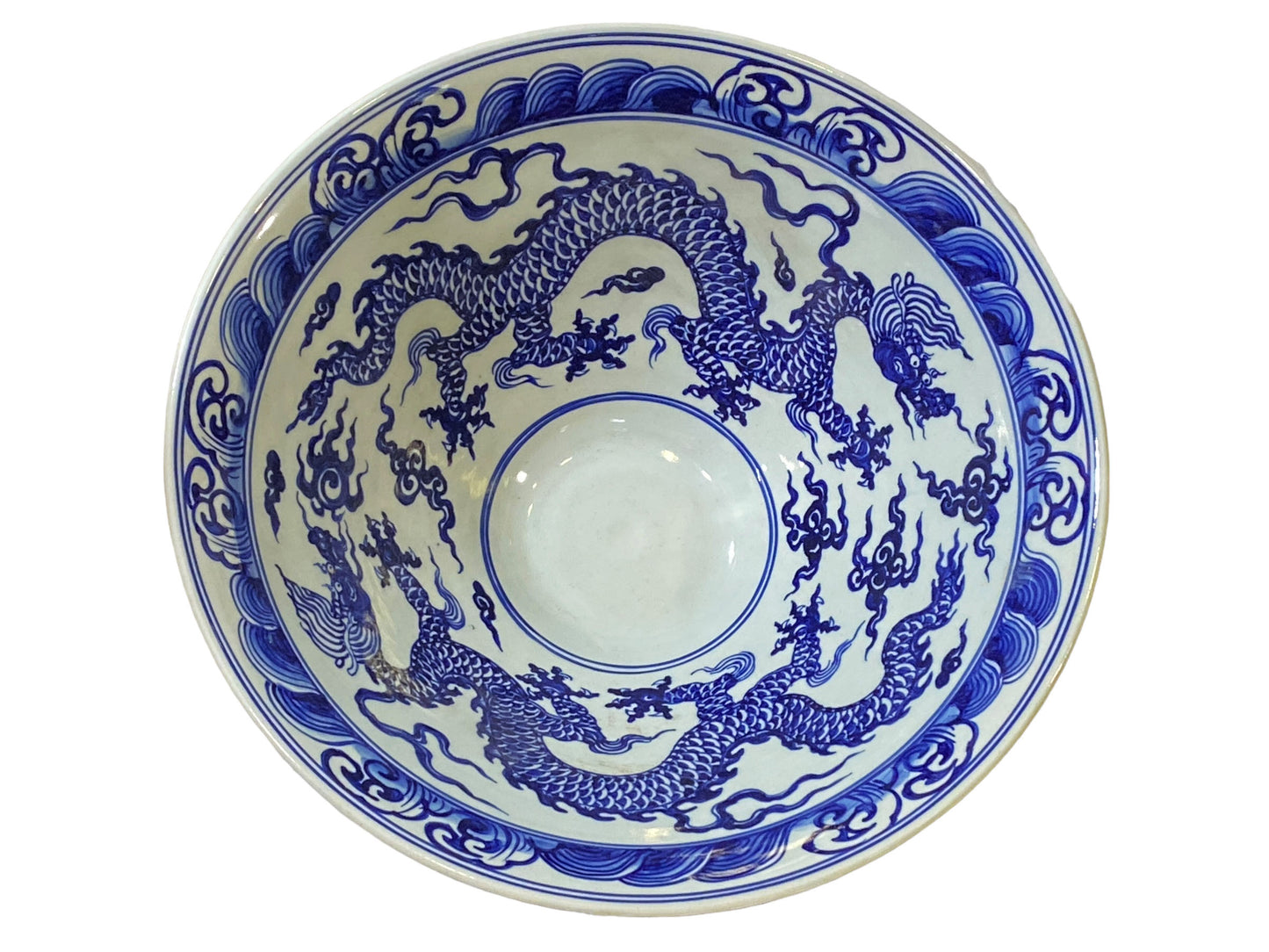 #176 Large Chinoiserie Blue & White Centerpiece Dragon Motif Bowl  17.5" D