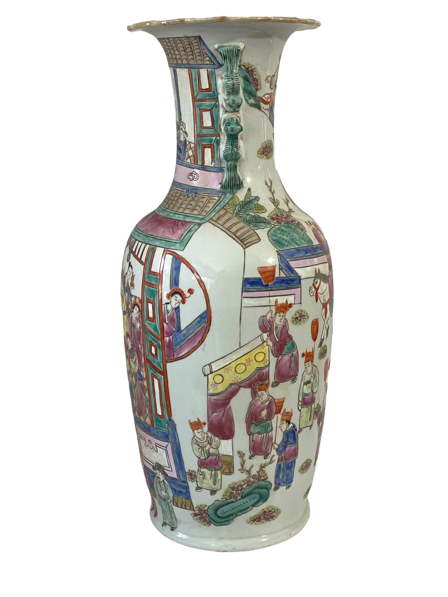 # 262 Superb Chinoiserie Famille Rose Enamel Vase W/Figures 24" H