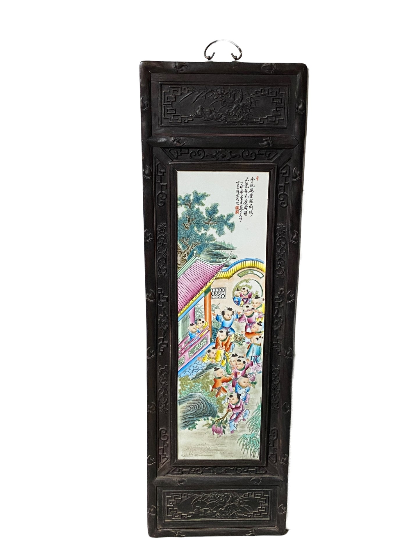 #5523  Superb LG Chinese  Famille Rose  Porcelain Wood Panel 49.5" H