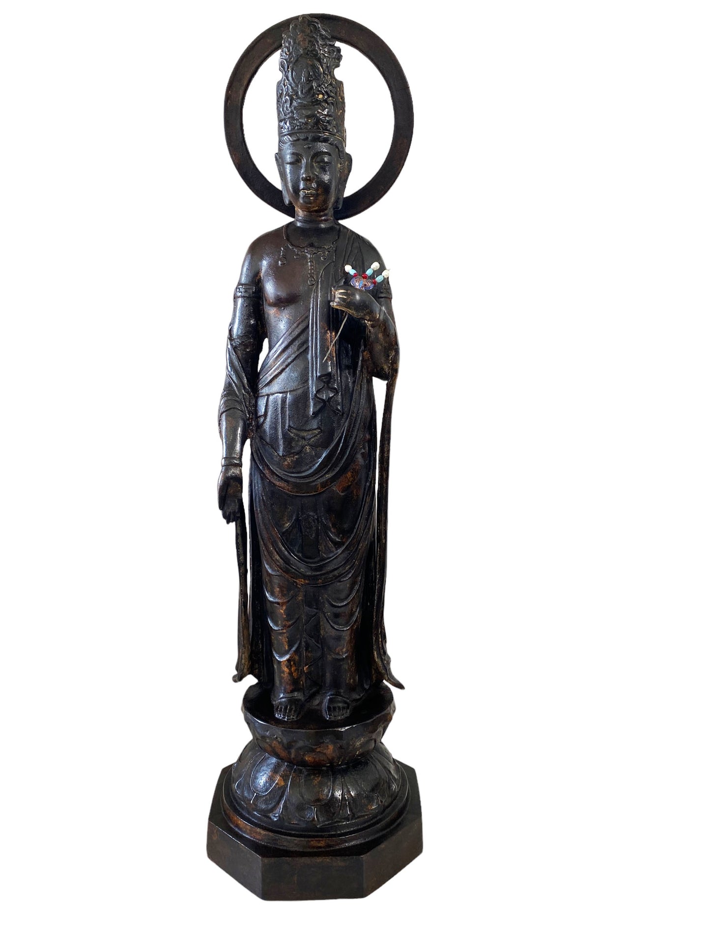 #7013  Lg Vintage Cast iron  Standing Touching Buddha 34" H