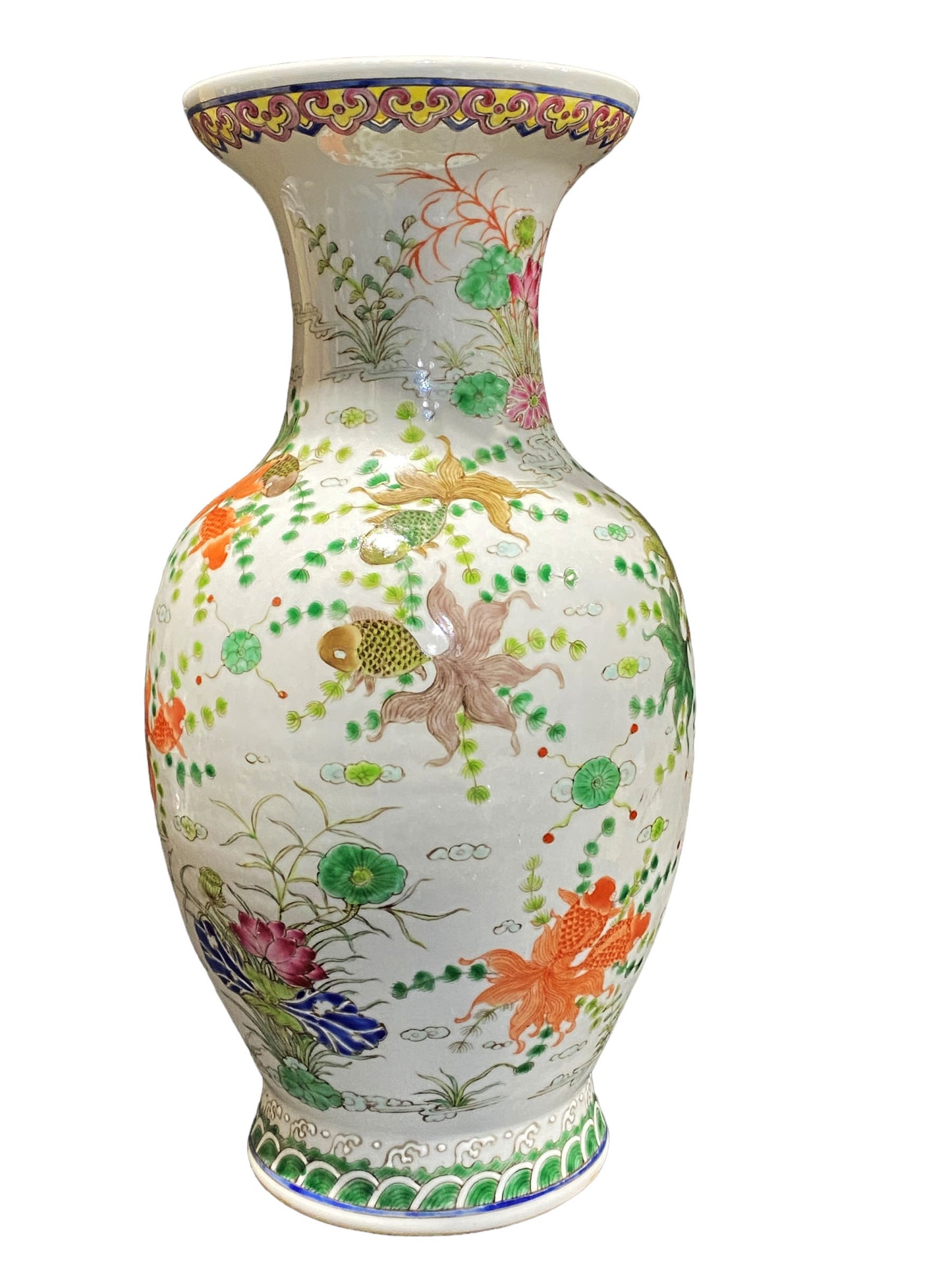 #3186 Chinoiserie Famille Rose Golden Fish Vase 16.5" H