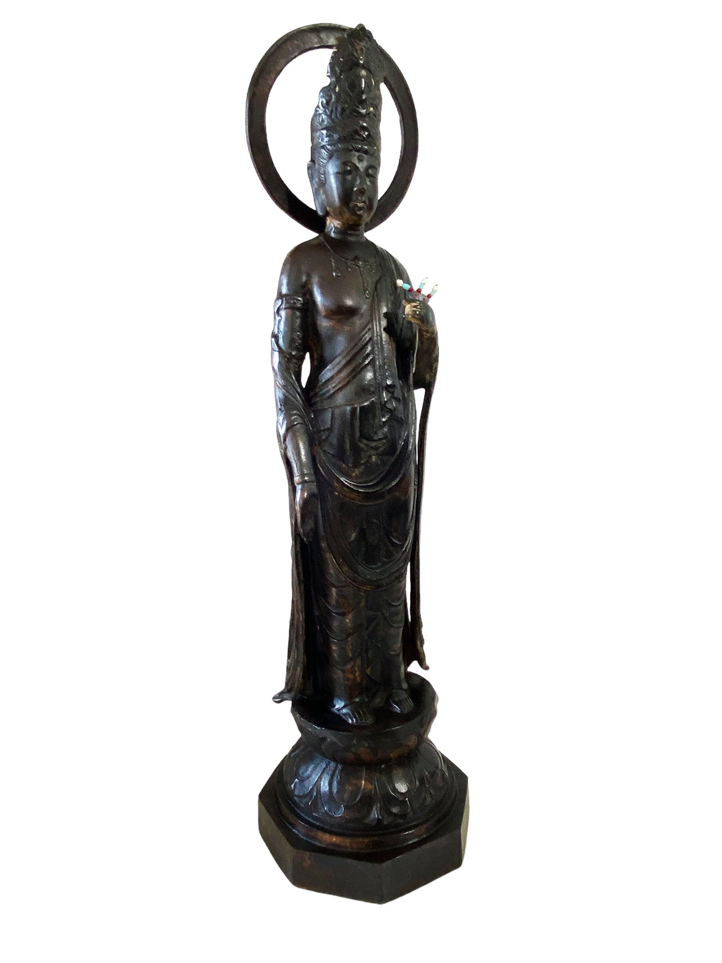 #7013  Lg Vintage Cast iron  Standing Touching Buddha 34" H