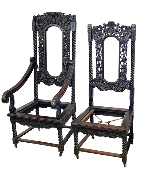 #7058/59 Sino-British Victorian Jacobean Revival Carved ornate Throne Pair of Chairs