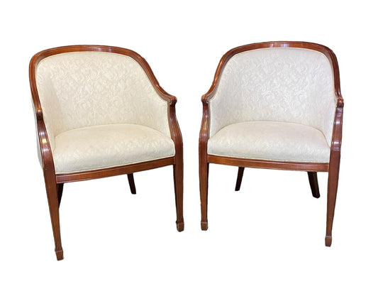 #7073 Mid Century Pair of Barrel  upholstered armchairs