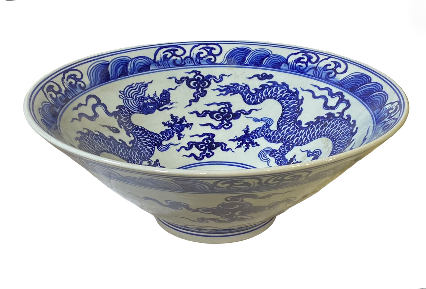 #176 Large Chinoiserie Blue & White Centerpiece Dragon Motif Bowl  17.5" D