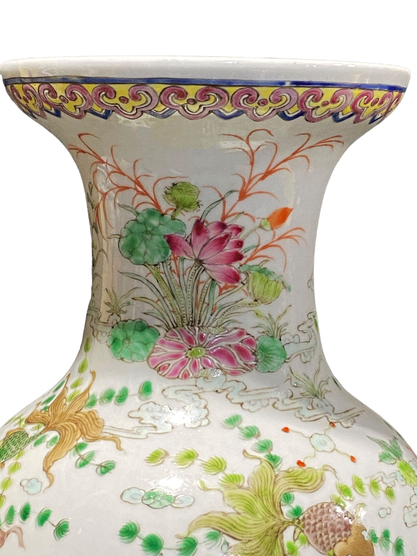 #3186 Chinoiserie Famille Rose Golden Fish Vase 16.5" H