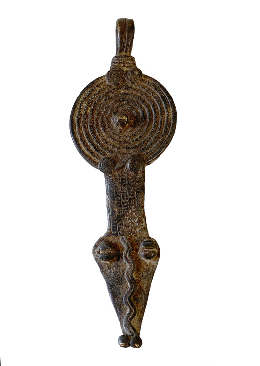 #5671 Vintage Gan Bronze Amulet Pendant of Ornate Serpent Burkina Faso