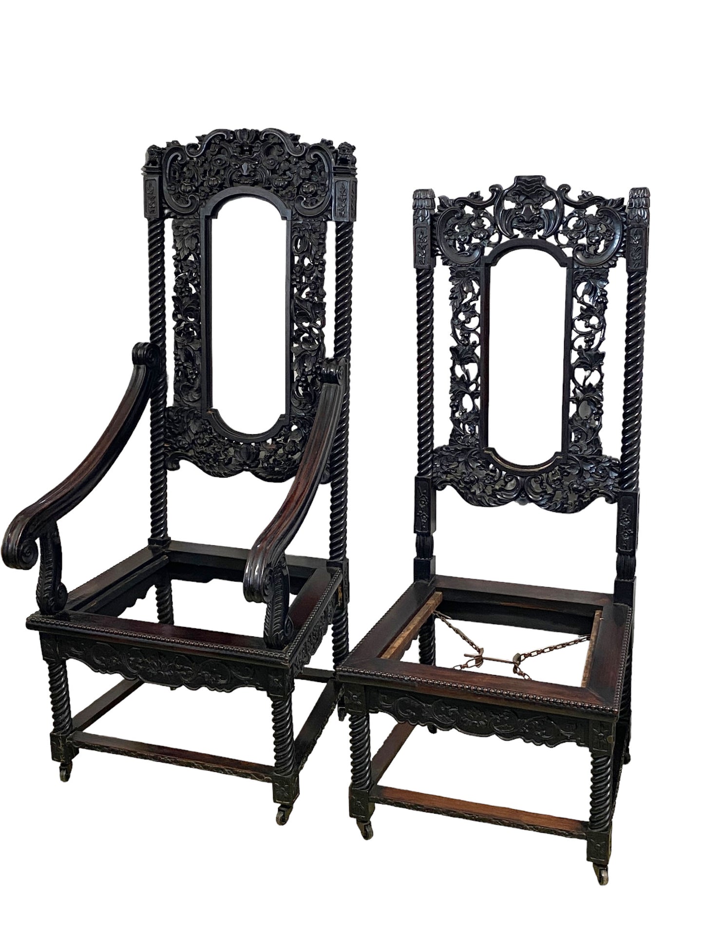 #7058/59 Sino-British Victorian Jacobean Revival Carved ornate Throne Pair of Chairs