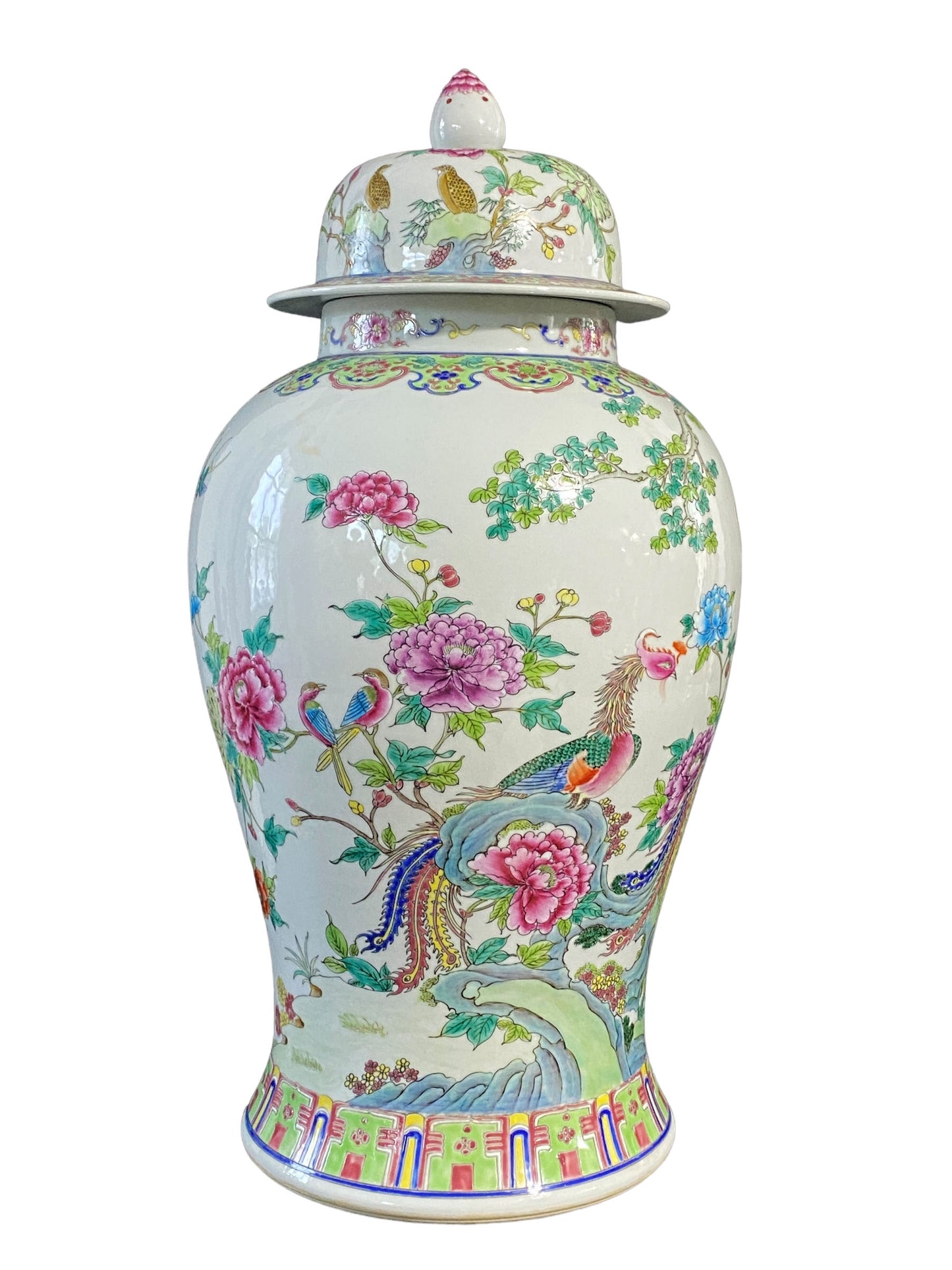 #5754 LG Chinoiserie  Famille Rose Porcelain Ginger Jar 24" H