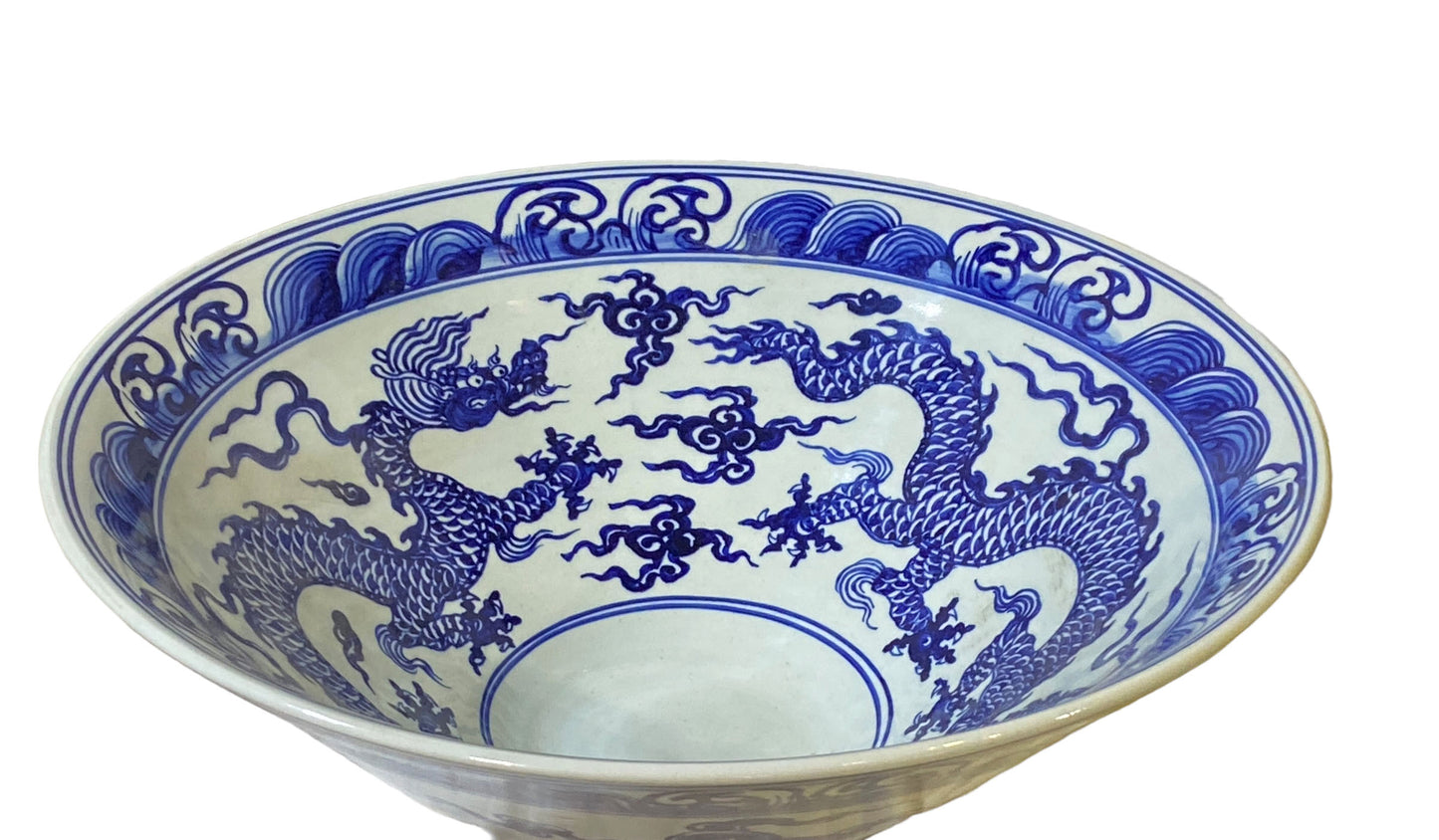 #176 Large Chinoiserie Blue & White Centerpiece Dragon Motif Bowl  17.5" D