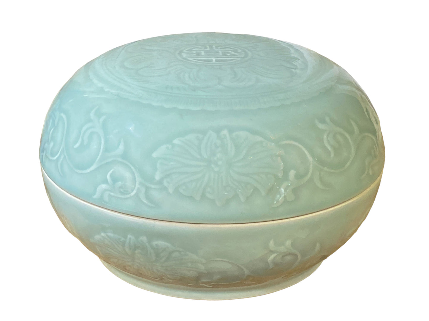 #7074 Chinese Hand Carved Celadon Box 9.5" Diameter