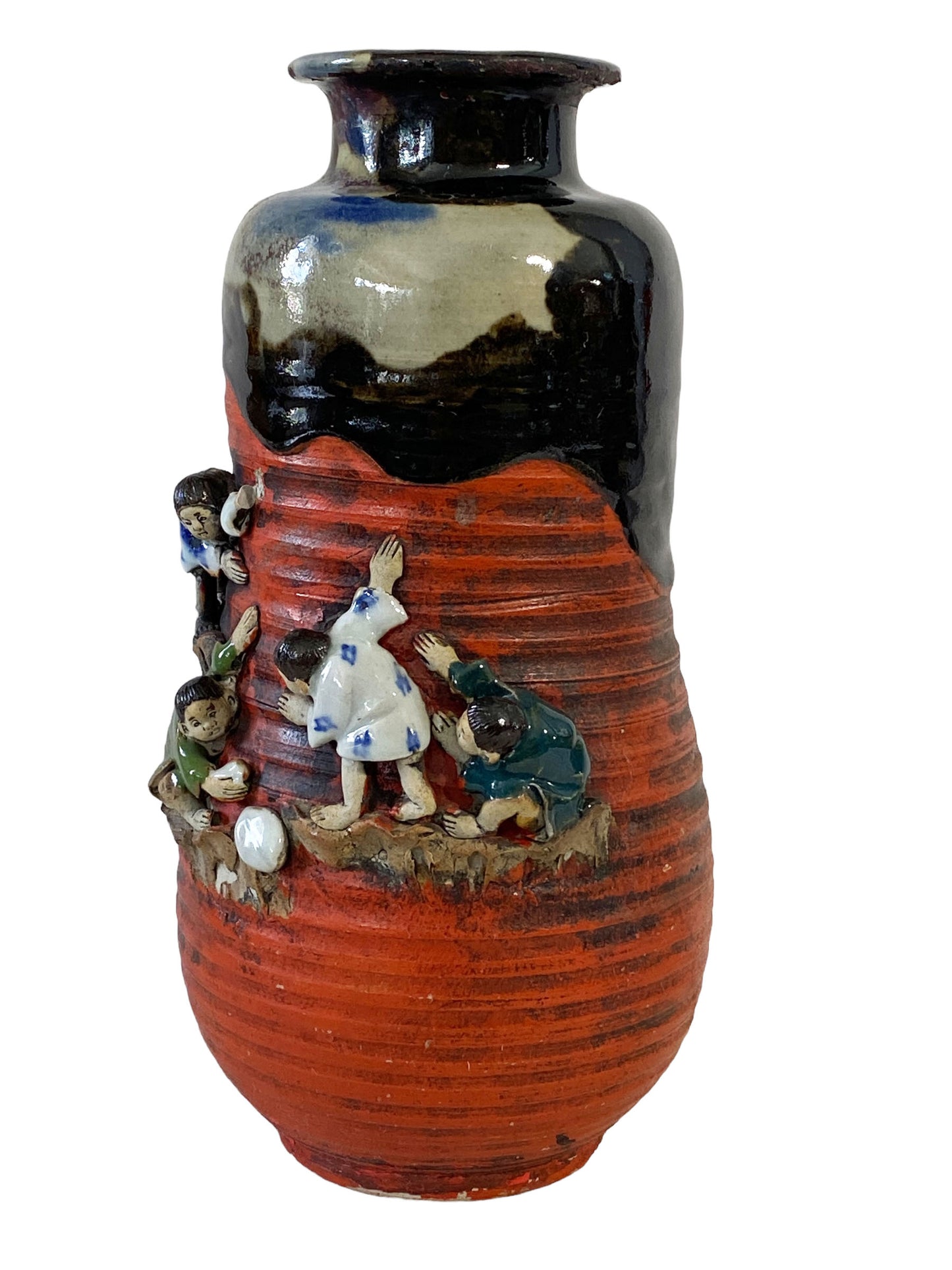 #5700 Chinoiserie Decorative Ceramic Vase w/High Relief Boys Figures 9.25"h
